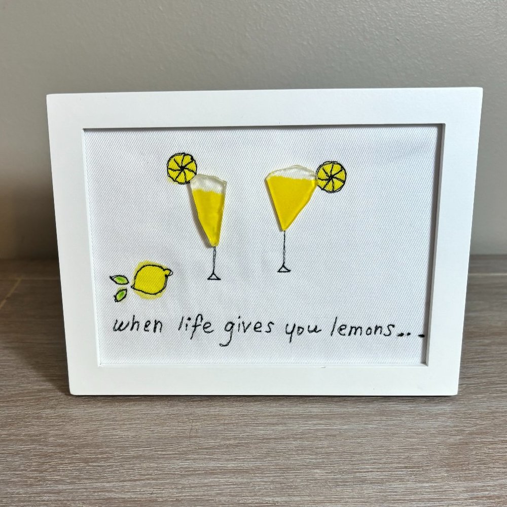 When Life Gives You Lemons Embroidered Art with Sea Glass